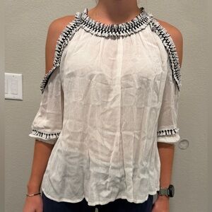 True Destiny White Cold Shoulder Blouse with Black Trim
